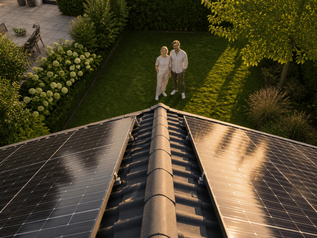 Zonnepanelen op woningdak met gezin in tuin