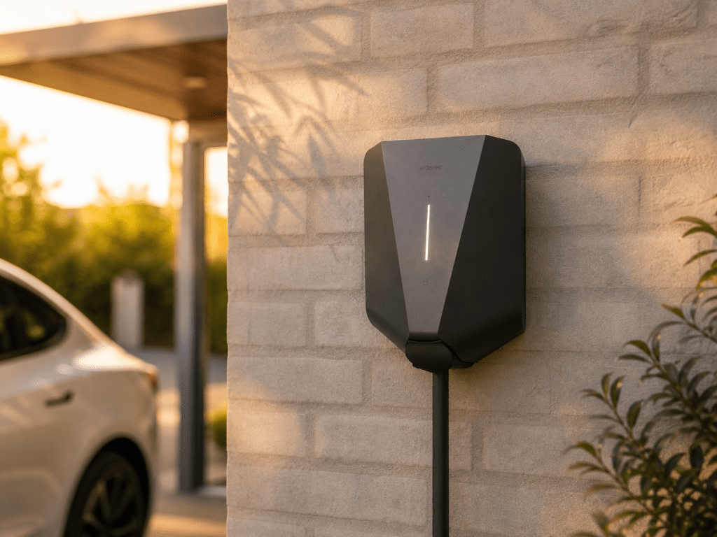Laadpaal aan muur naast elektrische auto