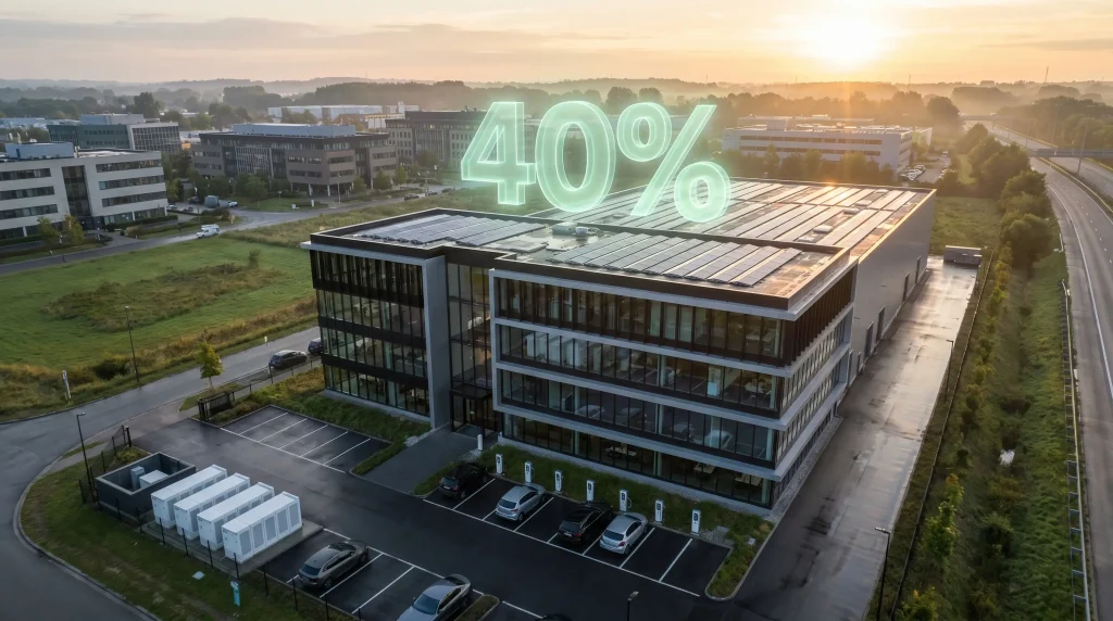 Kantoorgebouw met zonnepanelen en energieopslag, met een visualisatie van 40% energiebesparing dankzij energiepremies en slimme energietechnologie.