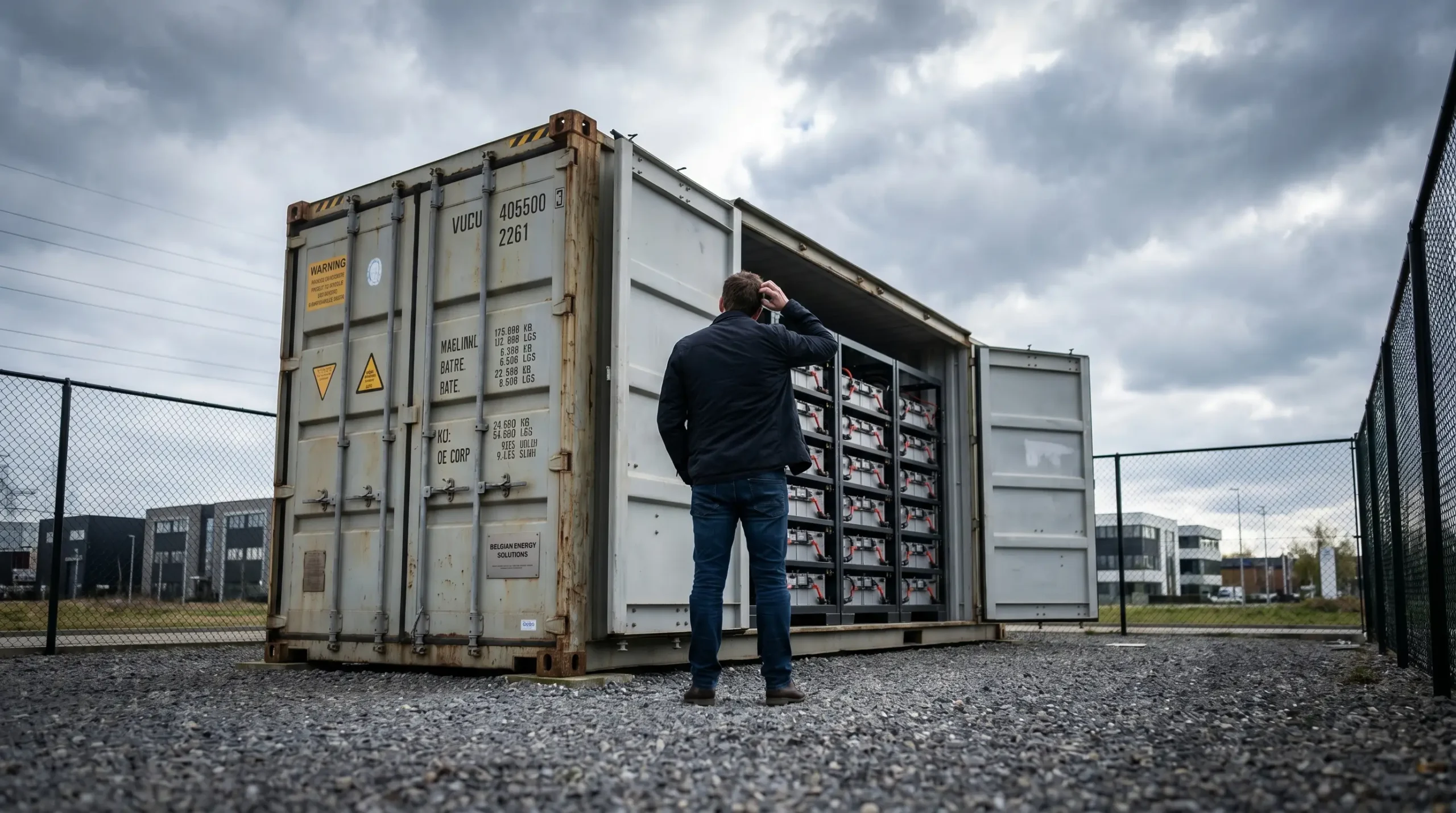 Containerbatterij voor grootschalige energieopslag bij bedrijven en industriële toepassingen.