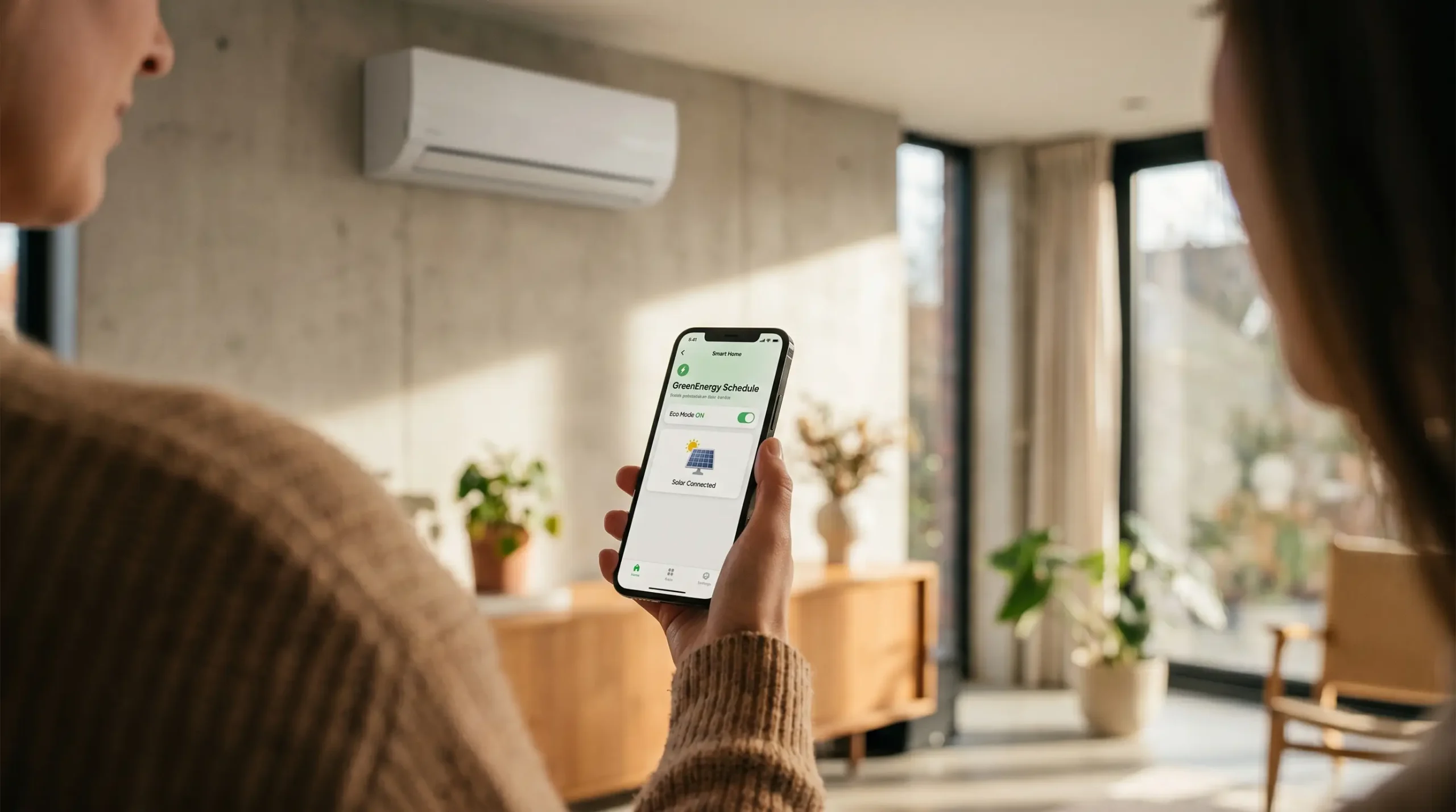 Persoon bedient een moderne slimme airco via een smartphone-app in een energiezuinige woning.