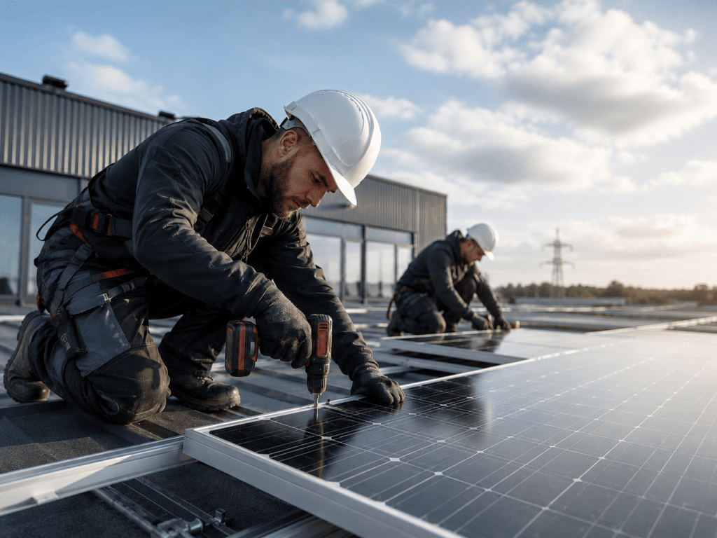 Monteurs installeren zonnepanelen op het dak van een bedrijfsgebouw voor duurzame energieopwekking binnen een KMO-omgeving.