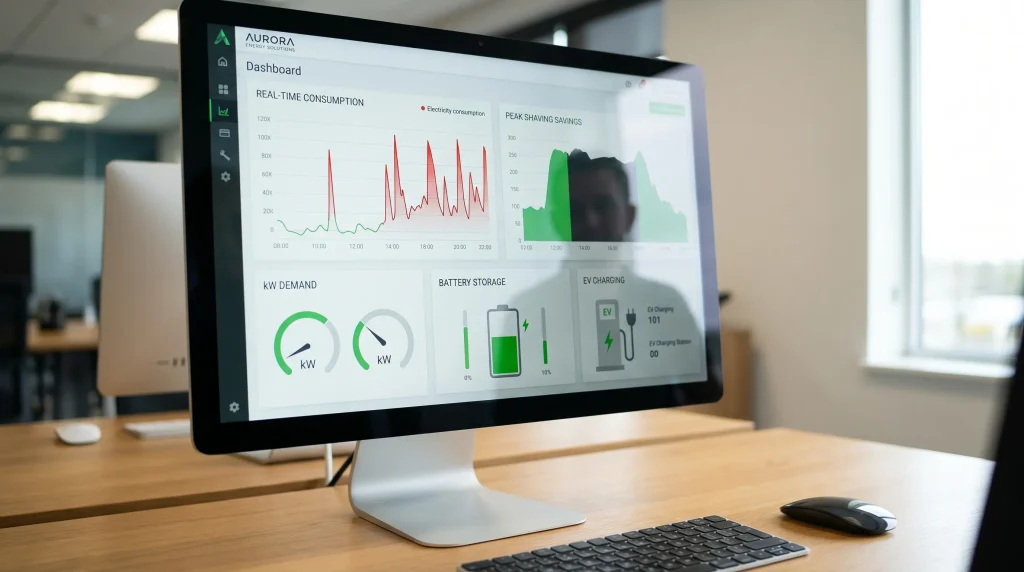 Energiebeheersysteem met realtime monitoring van energieverbruik, batterijopslag en peak shaving voor bedrijven.