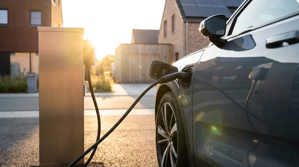 Elektrische auto aan een laadpaal bij een woning, slim opgeladen op basis van beschikbare energie en verbruik.
