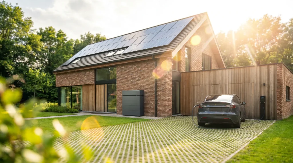 Woning met zonnepanelen, thuisbatterij en laadpaal die samen zorgen voor slim energiebeheer en maximale benutting van zonne-energie.