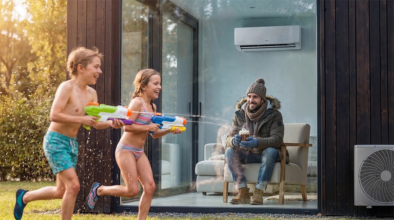 Kinderen spelen buiten bij woning met airco en warmtepomp installatie