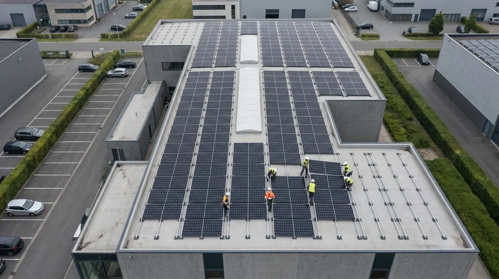 Bedrijfsgebouw met zonnepanelen op het dak, geïnstalleerd om duurzame energie op te wekken en energiekosten te verlagen.
