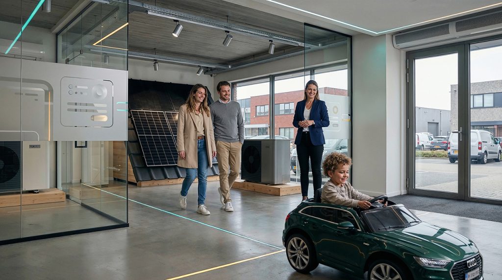 Gezin bezoekt duurzame energie showroom met zonnepanelen en warmtepomp