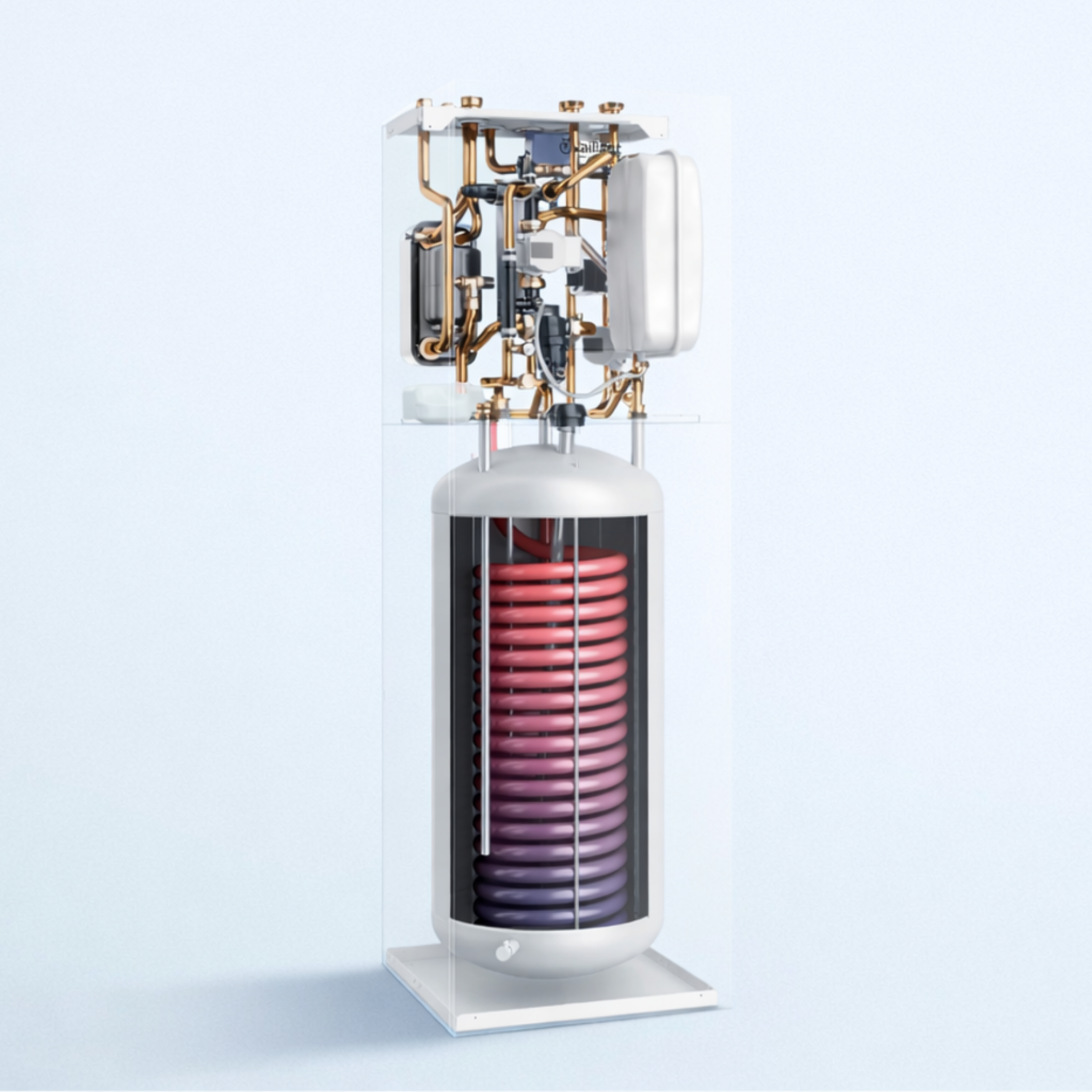 Doorsnede van een warmtepompboiler met geïntegreerde warmtewisselaar voor efficiënte opslag van warm tapwater