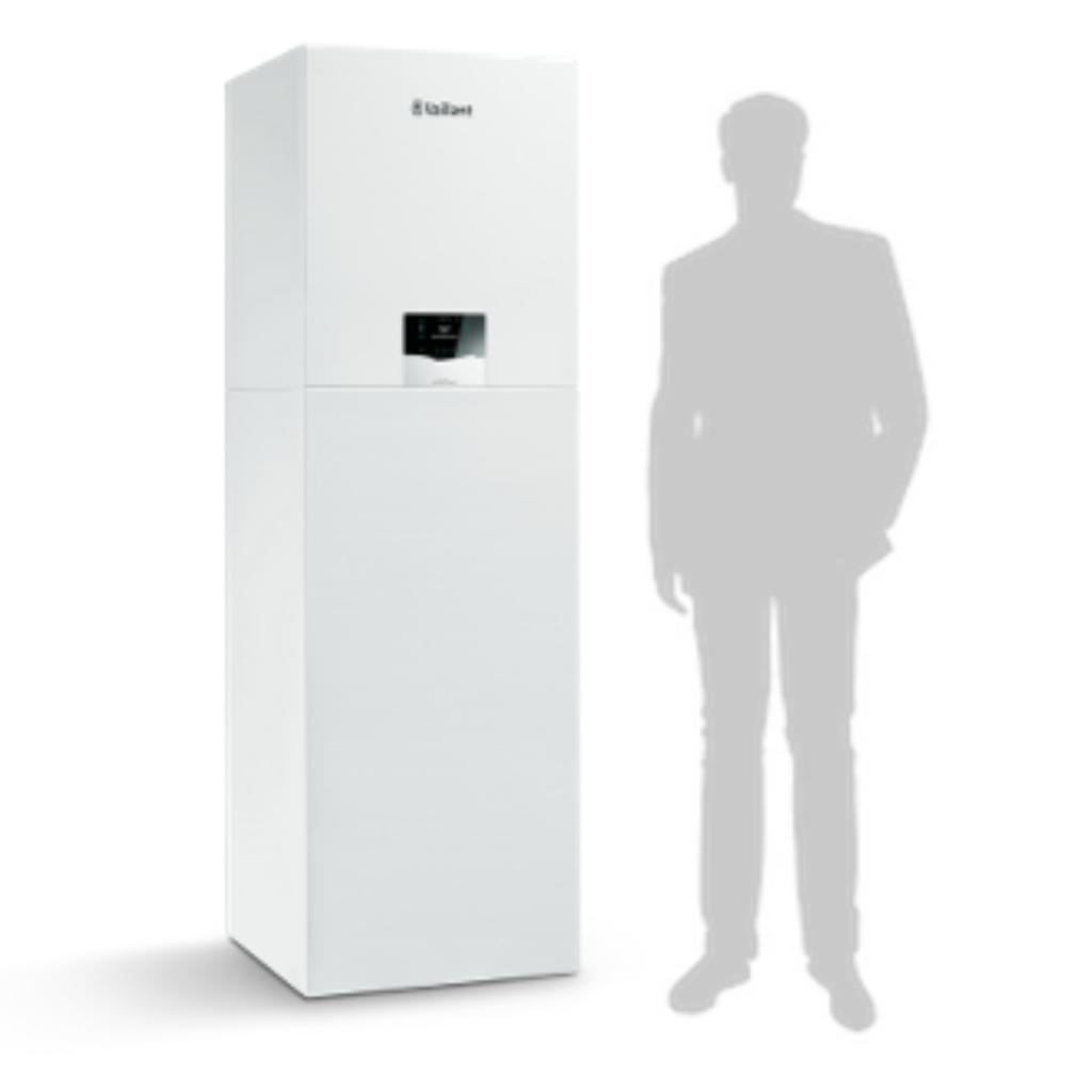 Vaillant warmtepomp binnenunit met geïntegreerd voorraadvat naast silhouet van persoon ter vergelijking van de afmetingen