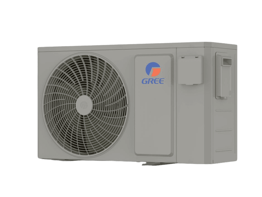 Grijze Gree monobloc zwembadwarmtepomp met ventilator en geïntegreerde behuizing voor buitenopstelling