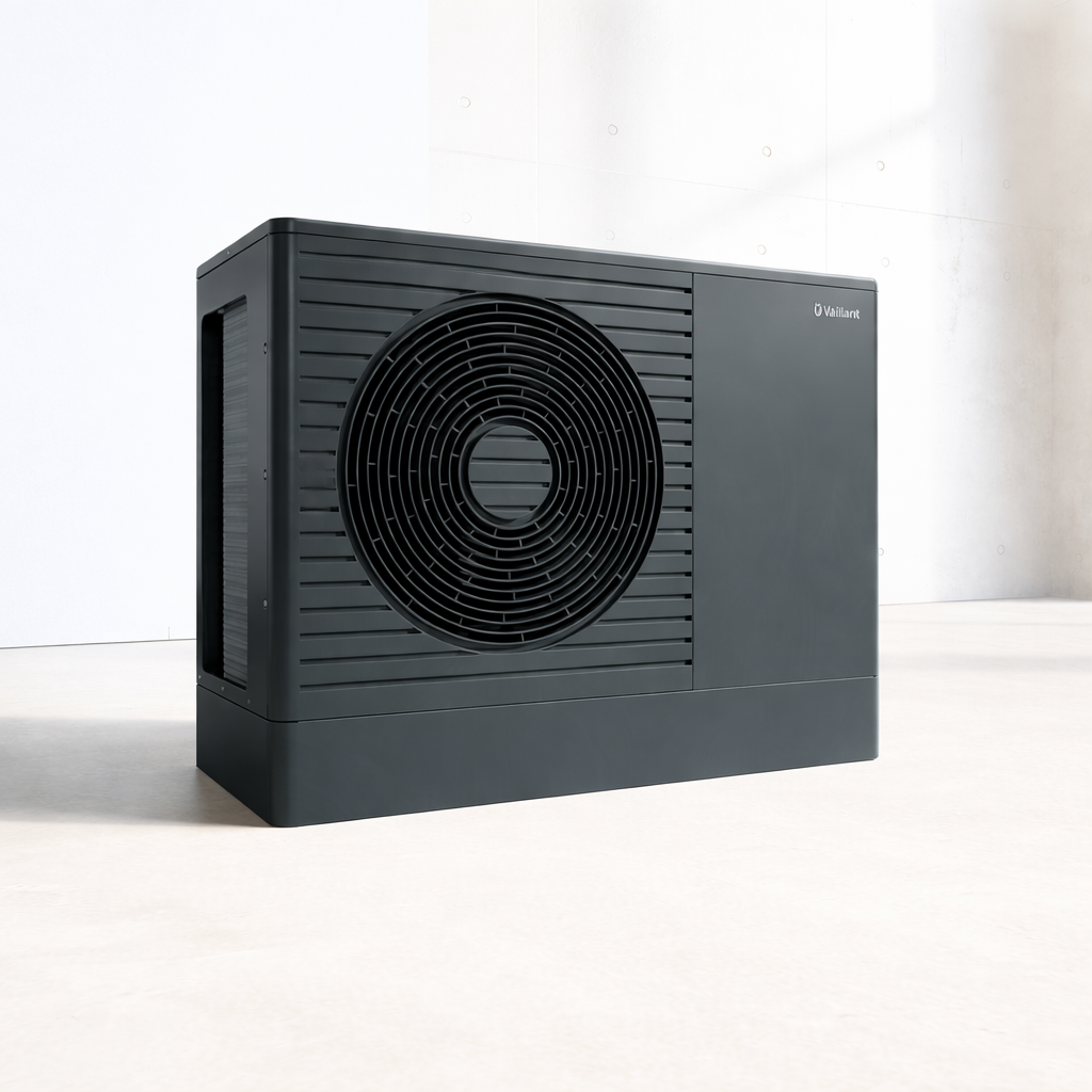 Moderne Vaillant lucht-water warmtepomp buitenunit voor duurzame verwarming, koeling en energiezuinig wooncomfort