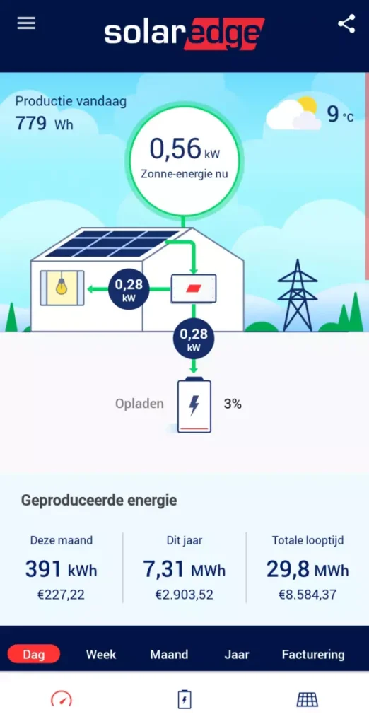 Live overzicht van zonne-energie en batterij in SolarEdge app