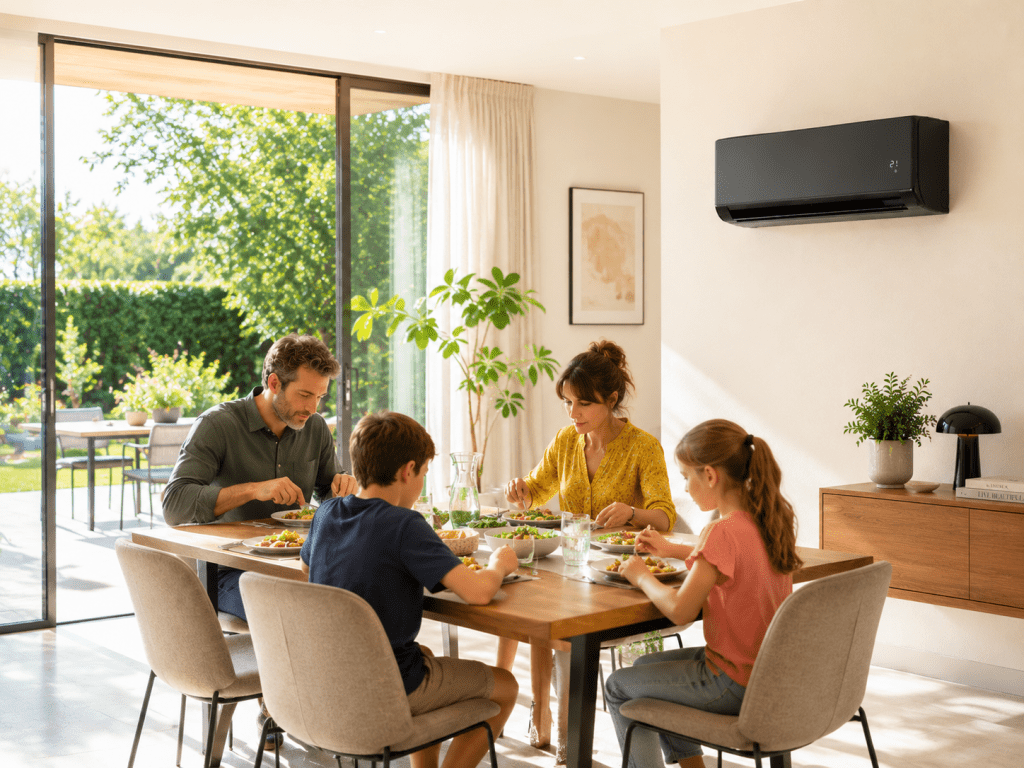 Gezin aan tafel in een woning met moderne wandairco voor comfortabel en energiezuinig binnenklimaat.