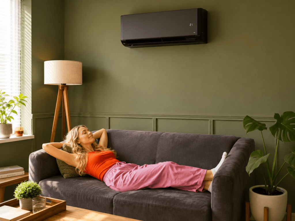 Persoon ontspant in woonkamer met moderne airco die zorgt voor een comfortabel binnenklimaat.