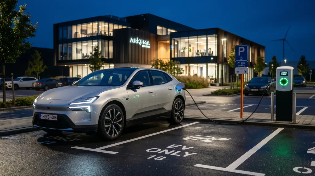 Elektrische auto aan laadpaal als voorbeeld van laden met stroom afkomstig van zonnepanelen.
