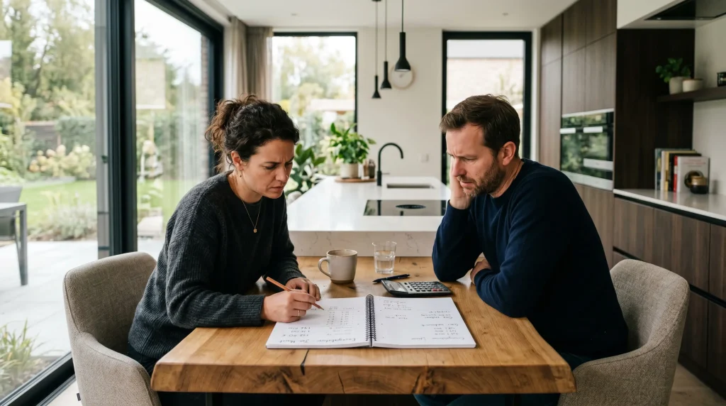 Koppel bespreekt cijfers en berekeningen om het rendement van een thuisbatterij te evalueren.