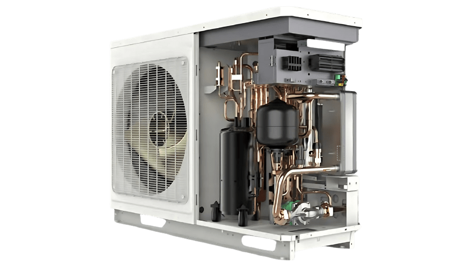 Opengewerkte zwembadwarmtepomp met zichtbare interne componenten, ventilator, compressor en leidingen