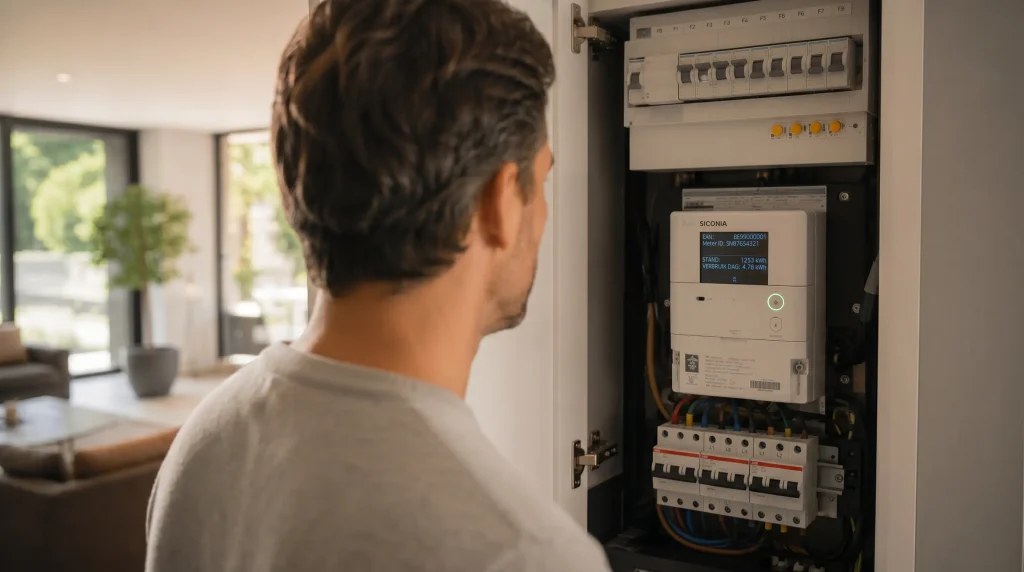 Persoon bekijkt de energiemeter in de meterkast om het rendement van een thuisbatterij te beoordelen.