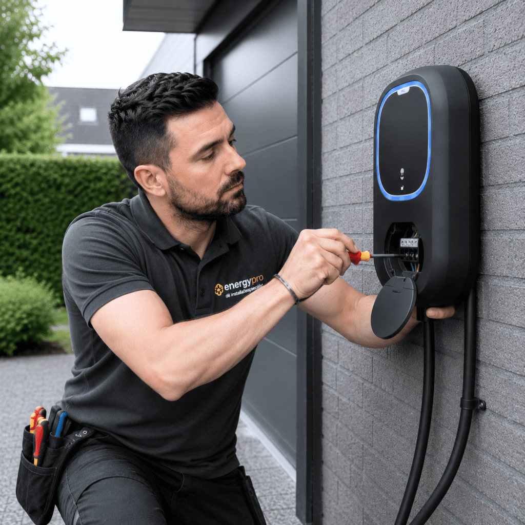EnergyPro-monteur installeert een slimme zwarte laadpaal aan de gevel van een woning voor elektrisch laden.