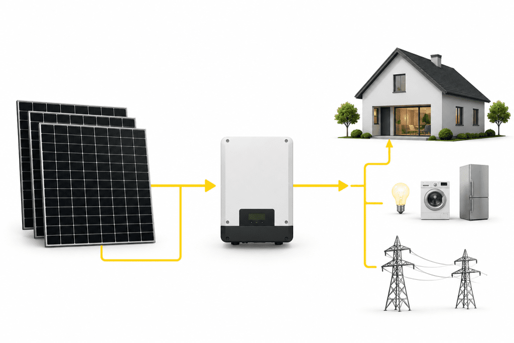 Schema van een zonnepaneleninstallatie waarbij een omvormer zonnestroom omzet voor gebruik in huis of teruglevering.