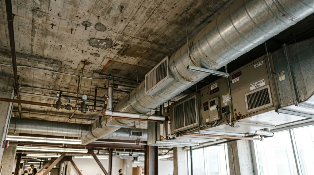 Verouderde HVAC-installatie met luchtkanalen en klimaatregeling in een commercieel gebouw.