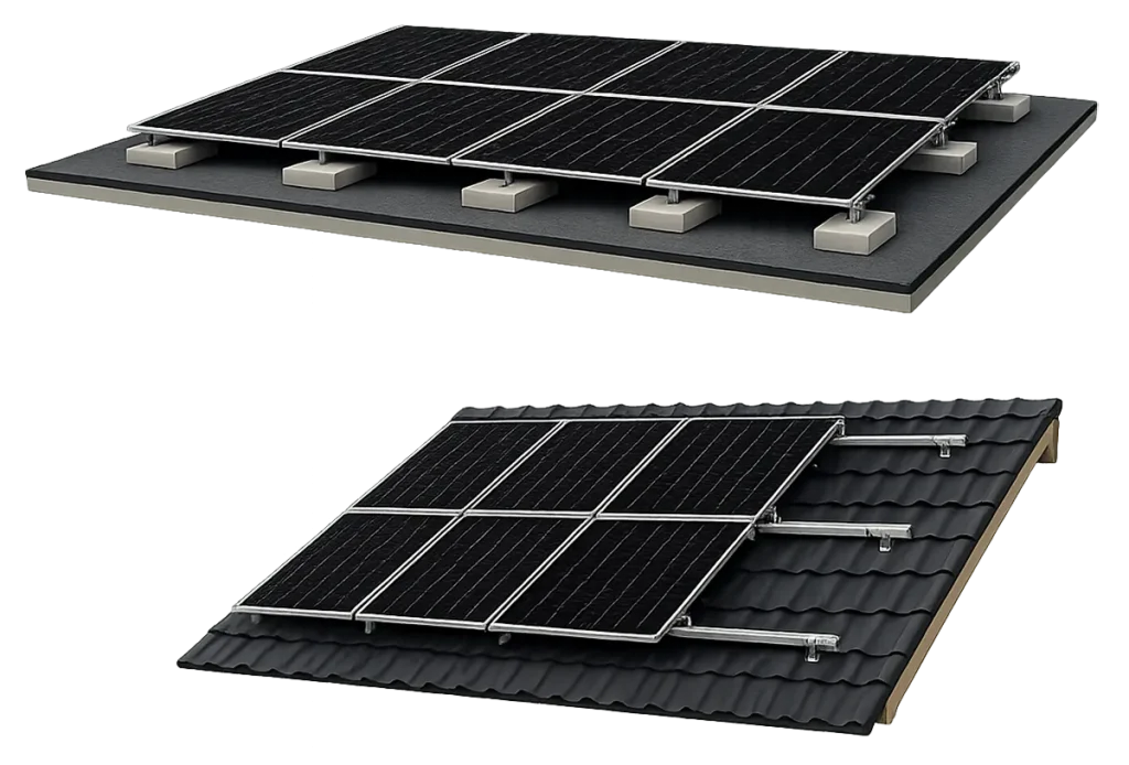 Vergelijking van zonnepanelen op een plat dak en een hellend dak met verschillende montagesystemen.