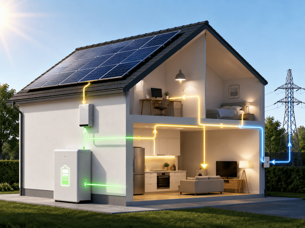 3D visualisatie van een woning met zonnepanelen, thuisbatterij en energiestromen tussen batterij, woning en elektriciteitsnet