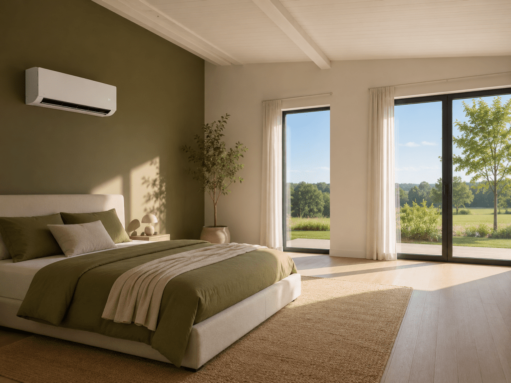 Moderne airco verwarmt een energiezuinige woning en zorgt voor een comfortabel binnenklimaat.