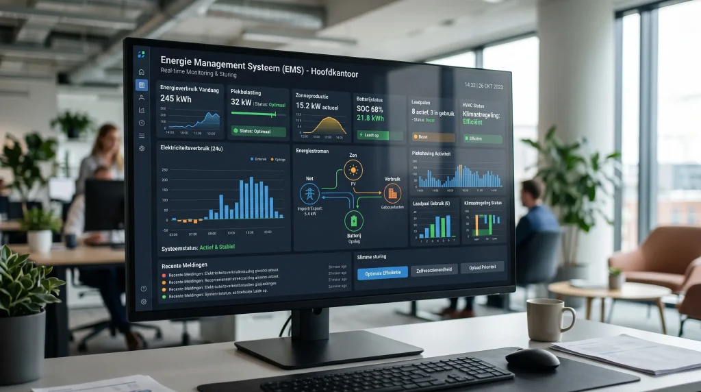 EMS-dashboard voor monitoring en sturing van energieverbruik, opwekking, opslag en laadinfrastructuur.