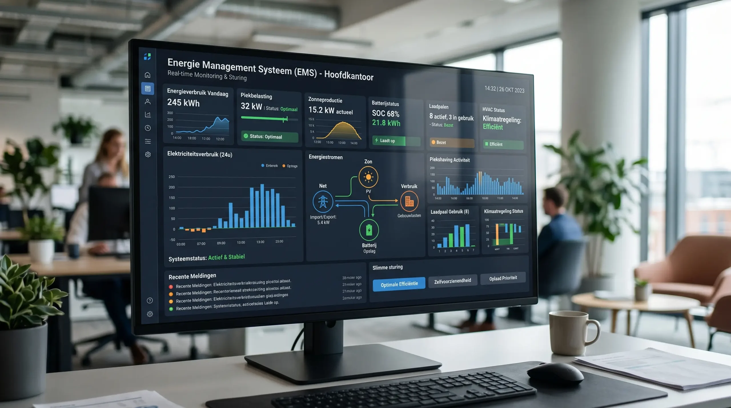 EMS-dashboard voor monitoring en sturing van energieverbruik, opwekking, opslag en laadinfrastructuur.