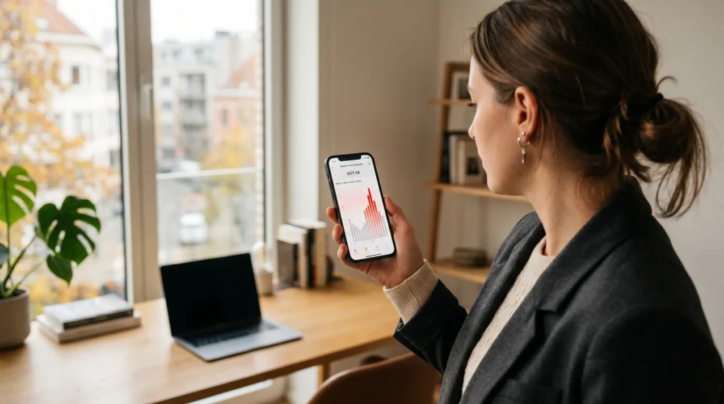 Persoon bekijkt energieverbruik via een app om het rendement van een warmtepomp te monitoren.