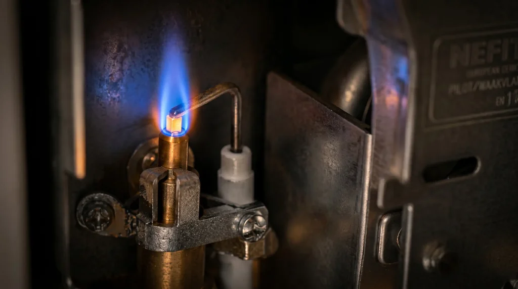 Close-up van een gasbrander als illustratie bij de vergelijking tussen verwarmen met gas en een warmtepomp.