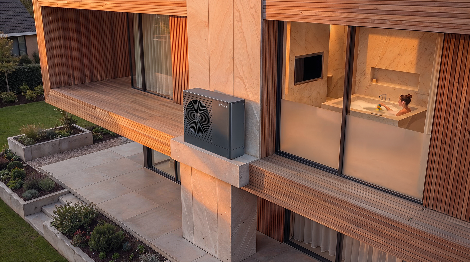 Moderne woning met warmtepomp buitenunit op balkon en zicht op badkamer door groot raam