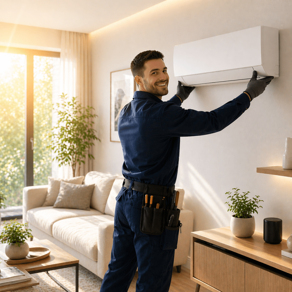 Monteur van EnergyPro installeert een airco in een woning