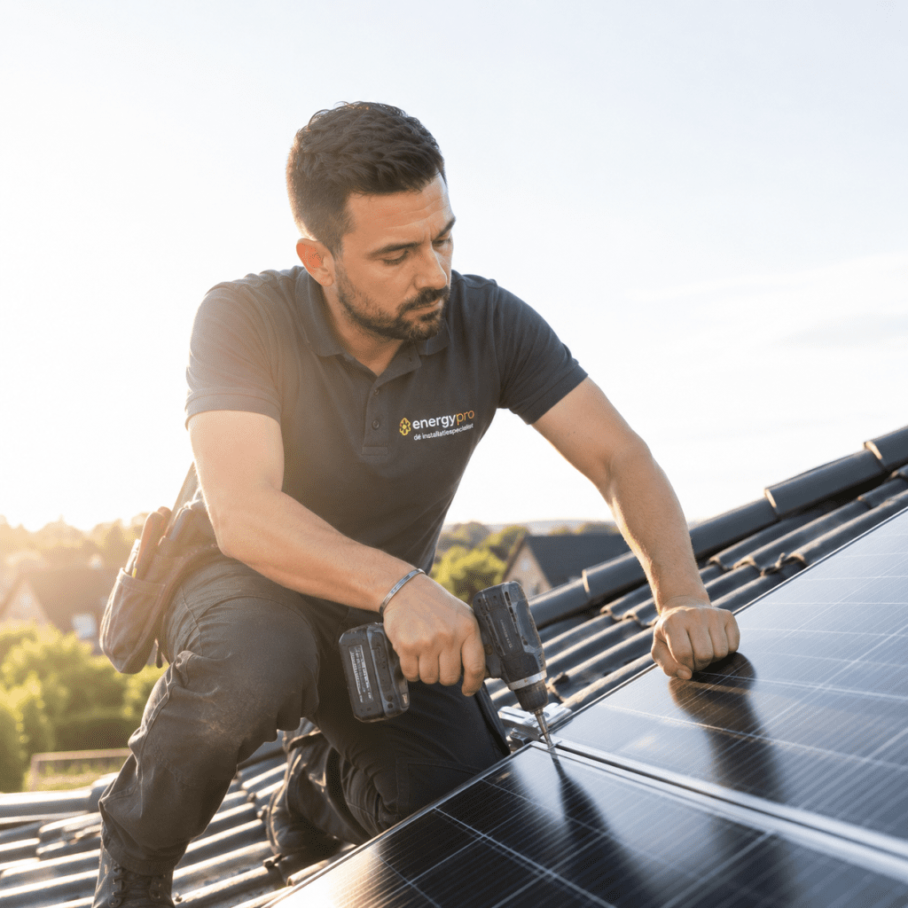 Monteur van EnergyPro installeert zonnepanelen op een hellend dak voor duurzame en efficiënte energieopwekking.