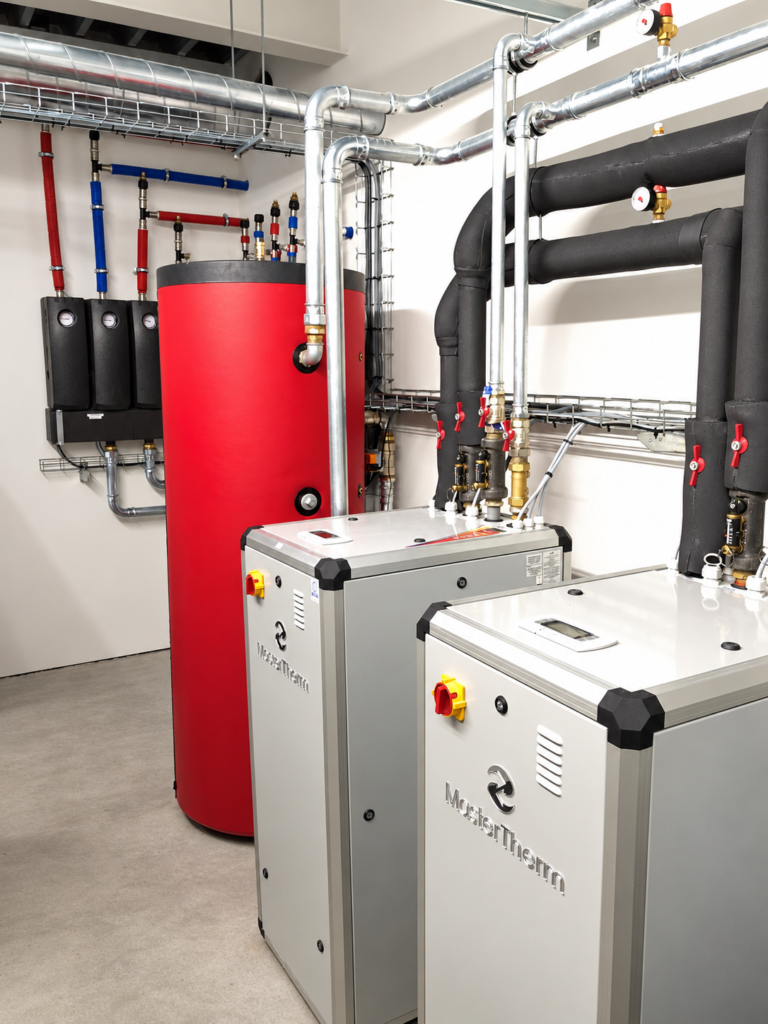 Project Orthosystems: technische ruimte met twee warmtepompen en opslagvat