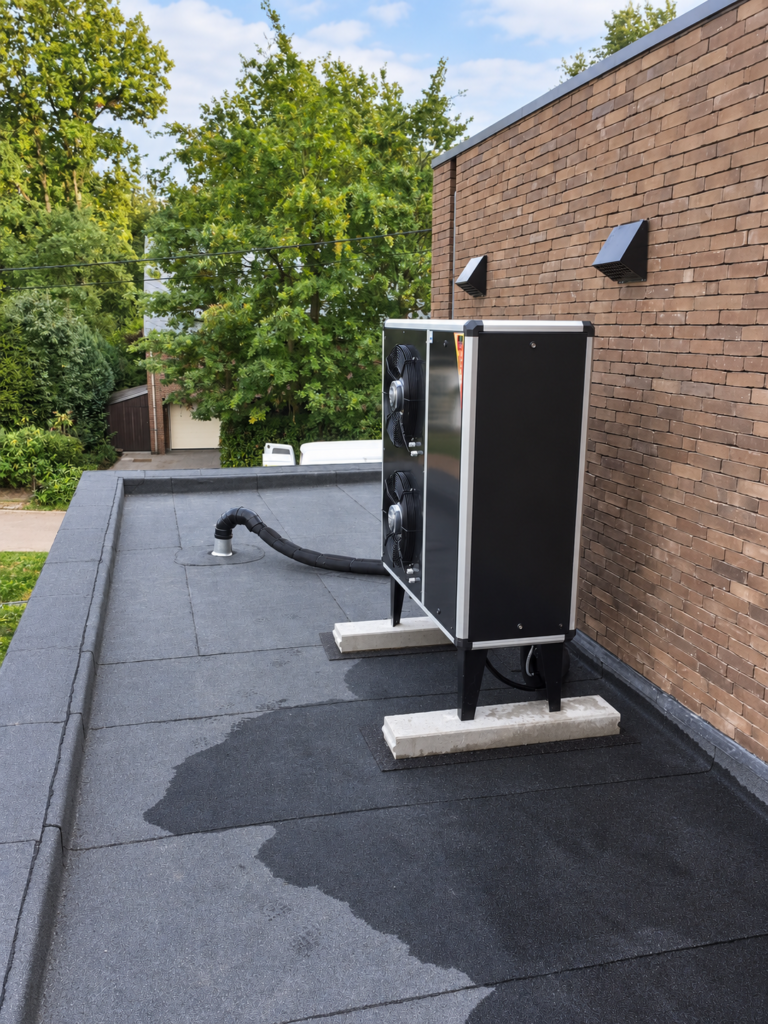 Project Sint-Katelijne-Waver: lucht/water-warmtepomp op het platte dak, voor verwarmen met de buitenlucht
