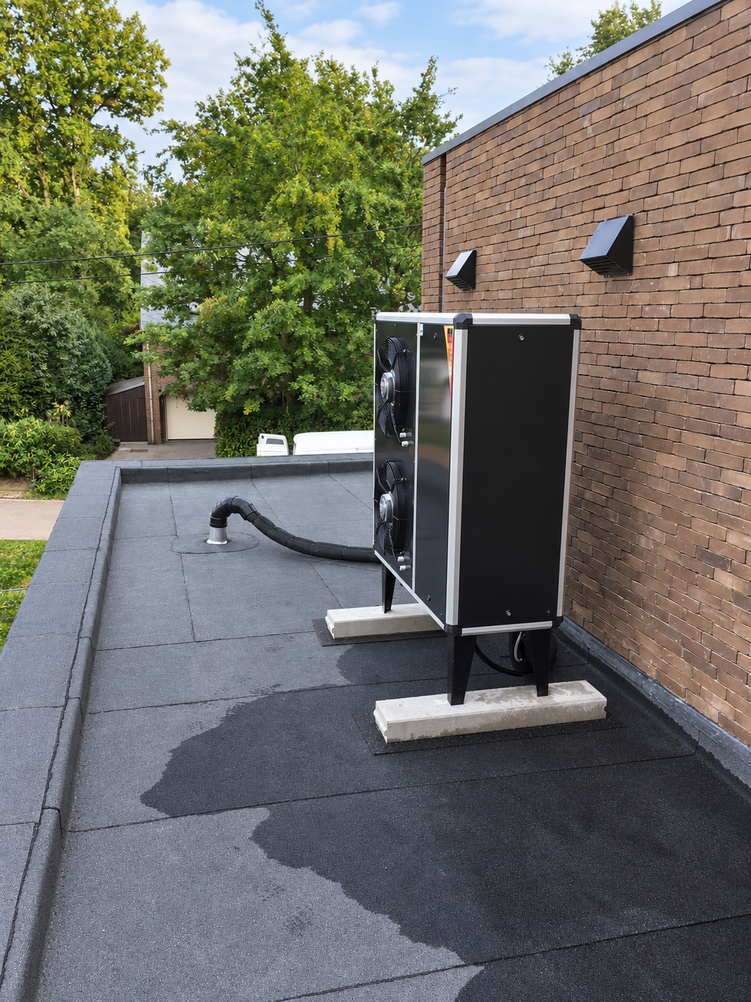 Project Sint-Katelijne-Waver: lucht/water-warmtepomp op het platte dak, voor verwarmen met de buitenlucht
